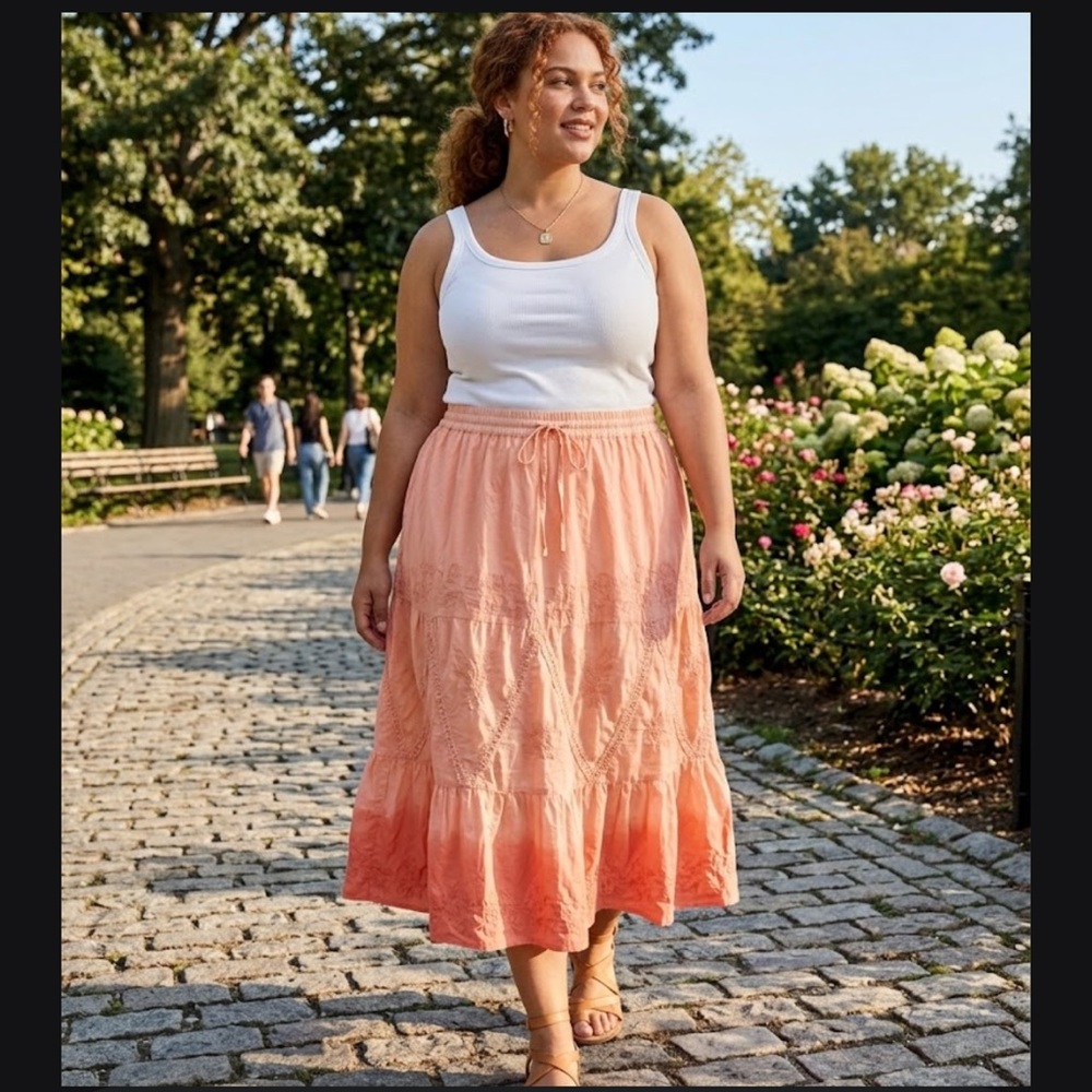 Raja Boho Peach Ombre Midi Skirt One Size